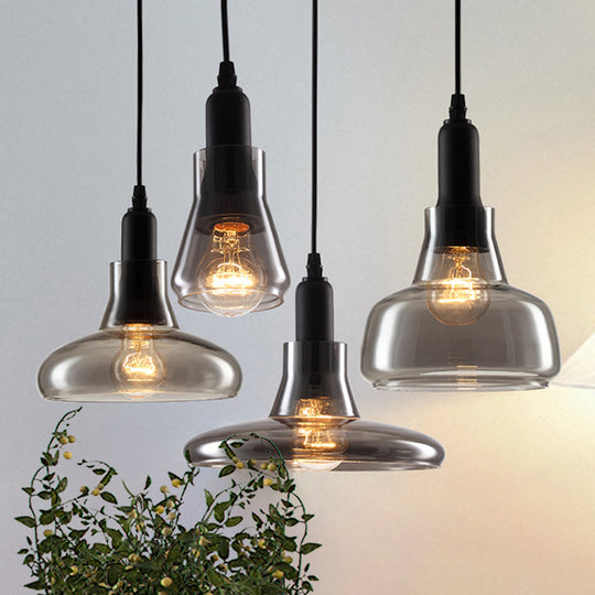 Modern Dining Room Hanging Ceiling Light - 4 Lights Round/Linear Canopy Multi Pendant with Smoked Glass Shades