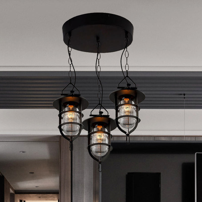 Vintage 3-Light Caged Glass Pendant Hanging Light In Black For Living Room With Round Canopy