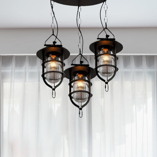 Vintage 3-Light Caged Glass Pendant Hanging Light In Black For Living Room With Round Canopy