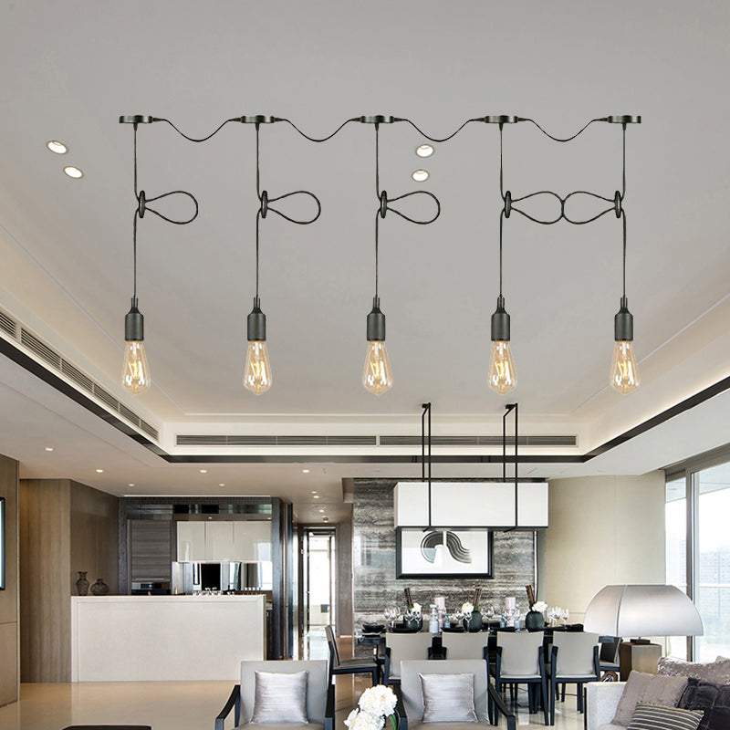 Adjustable Cord Industrial Black Metal Ceiling Light Fixture with 3/5/7-Light Bare Bulb Pendant Lighting