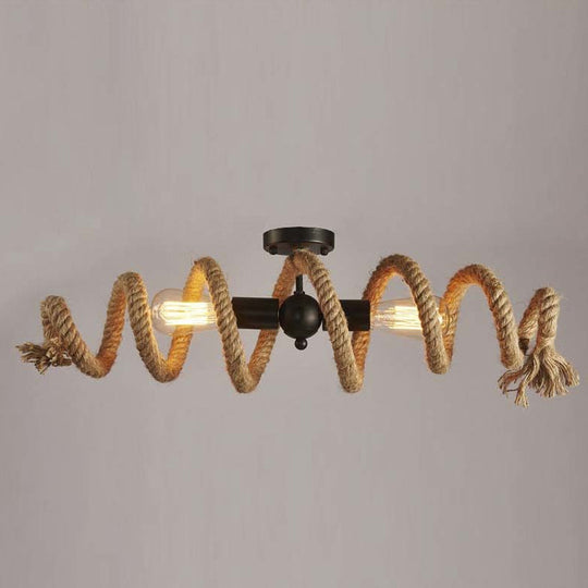 Industrial Black Metal and Hemp Rope Semi Flush Mount Ceiling Light with Swirl Design