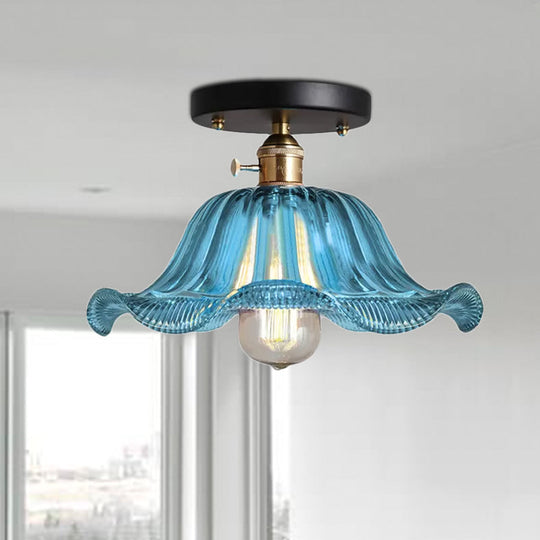 Rustic Ribbed Glass Scalloped Semi Flush Light Red/Blue/Clear 8/10/12 Wide