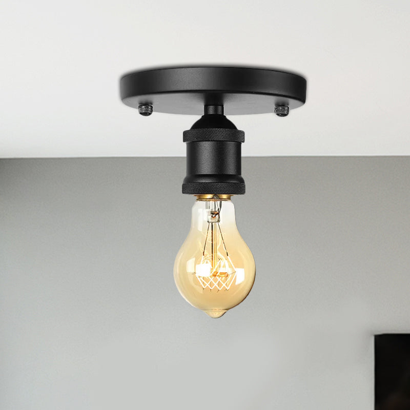 Retro Industrial Metal Black/Brass Finish Ceiling Lighting - Exposed Bulb Semi Flush Mount Light For