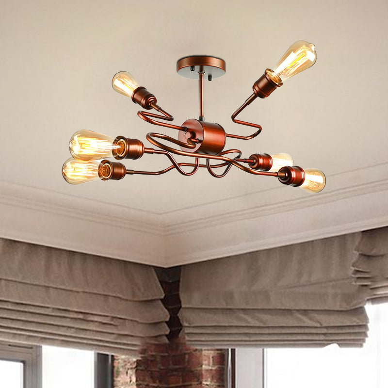 Farmhouse Style Twisted Arm Iron Ceiling Light with 6 Lights, Copper Finish - Semi Flush Mount for Living Room