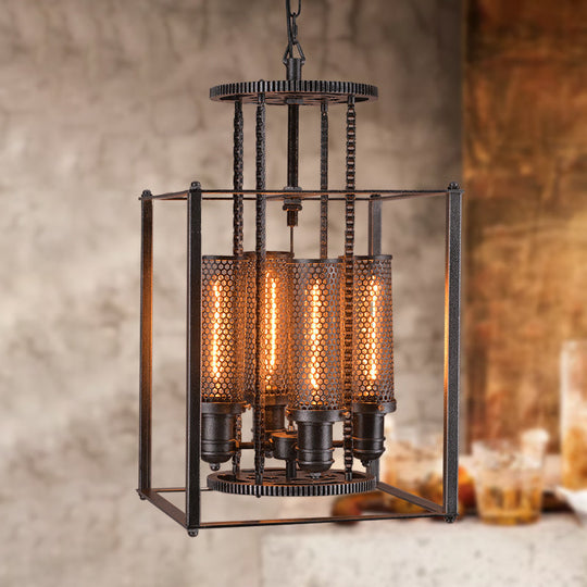 Antique Style Metal Pendant Light with Cylindrical Shade - 4 Lights Indoor Chandelier Lamp (Black)