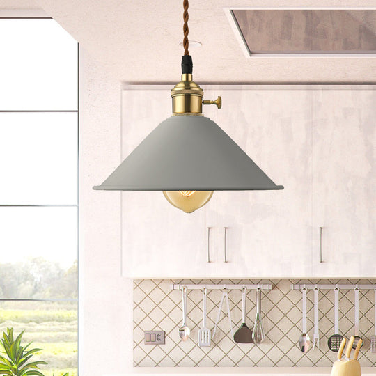 Industrial Style Metal Conic Shade Dining Room Ceiling Light Fixture - 1 Light Gray/White/Pink Pendant Lighting