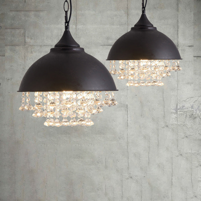 Industrial Dome Pendant Light with Crystal Bead, Black/Chrome Metal Hanging Fixture