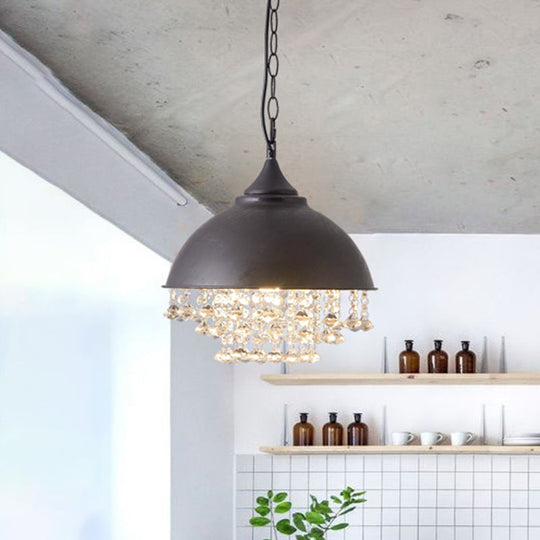 Industrial Dome Pendant Light: Black/Chrome Metal Hanging Fixture With Crystal Bead