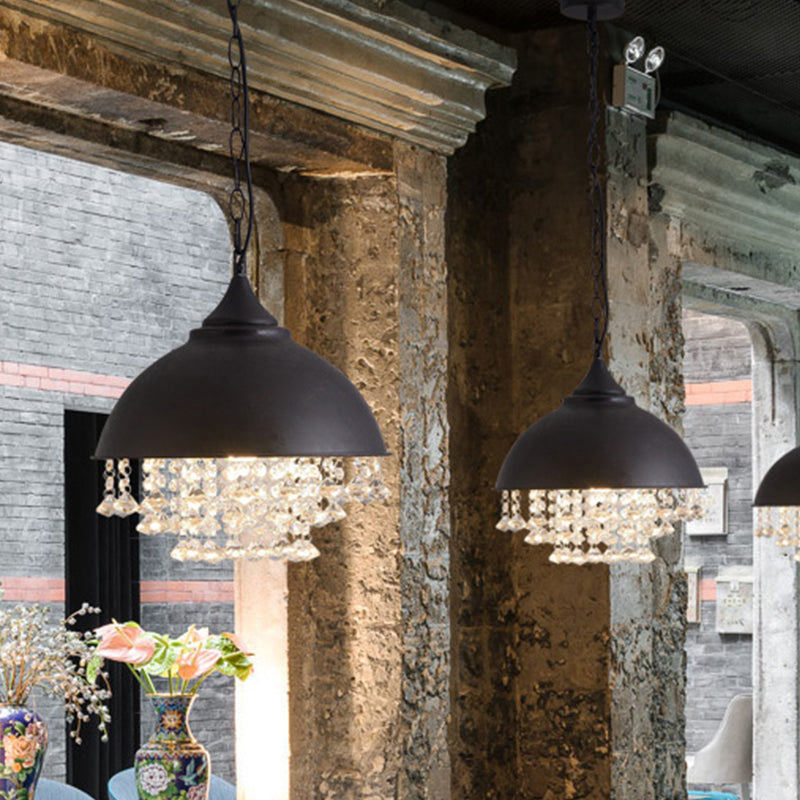 Industrial Dome Pendant Light with Crystal Bead, Black/Chrome Metal Hanging Fixture