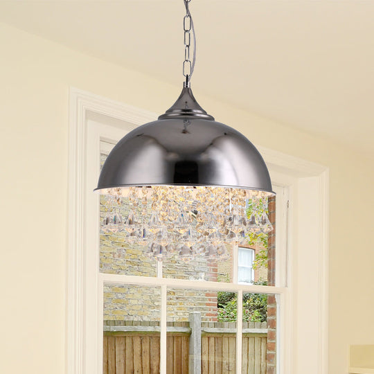 Industrial Dome Pendant Light with Crystal Bead, Black/Chrome Metal Hanging Fixture