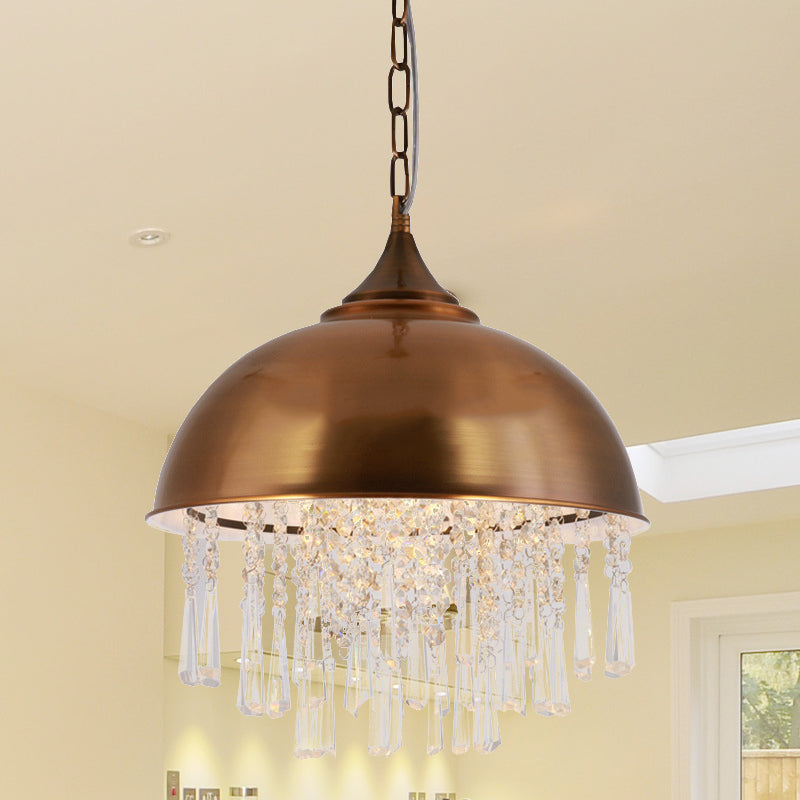 Industrial Dome Pendant Light: Black/Chrome Metal Hanging Fixture With Crystal Bead