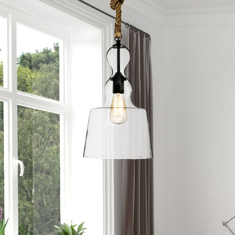 Industrial Style 1-Light Clear Glass Pendant Lighting for Bedroom with Adjustable Rope