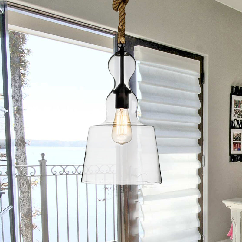 Industrial Style 1-Light Clear Glass Pendant Lighting for Bedroom with Adjustable Rope