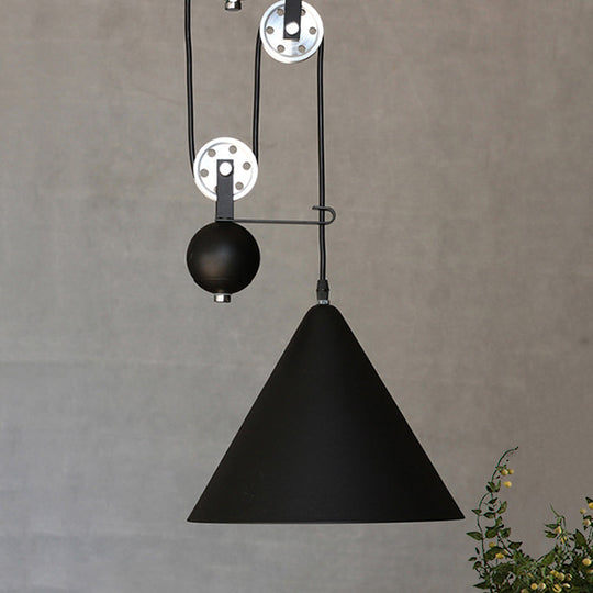 Black/White Conical Hanging Lamp with Pulley - Industrial Style Metal Pendant Lighting