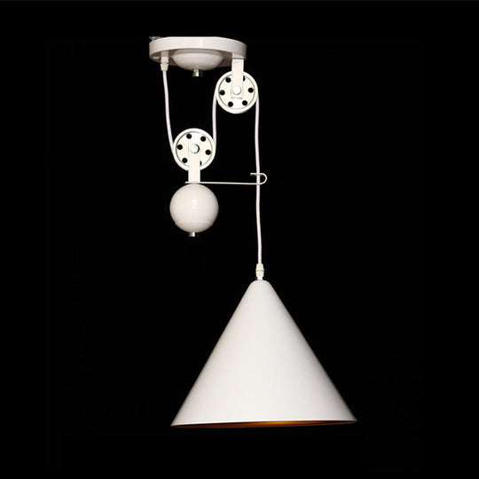 Black/White Conical Hanging Lamp with Pulley - Industrial Style Metal Pendant Lighting