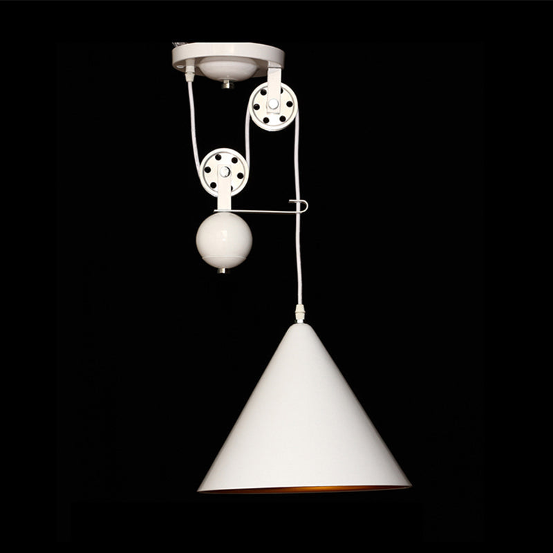 Industrial Style Hanging Lamp With Pulley - Black/White Finish Metal Conical Design 1-Light