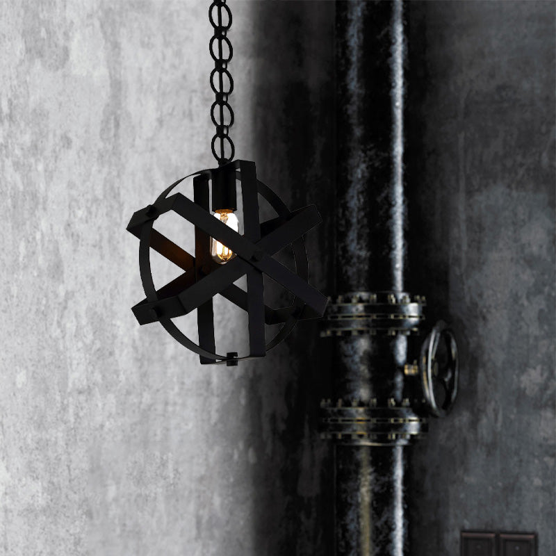 Adjustable Chain Industrial Strap Pendant Ceiling Light - Black Metal - 1-Head Round Hanging Lamp