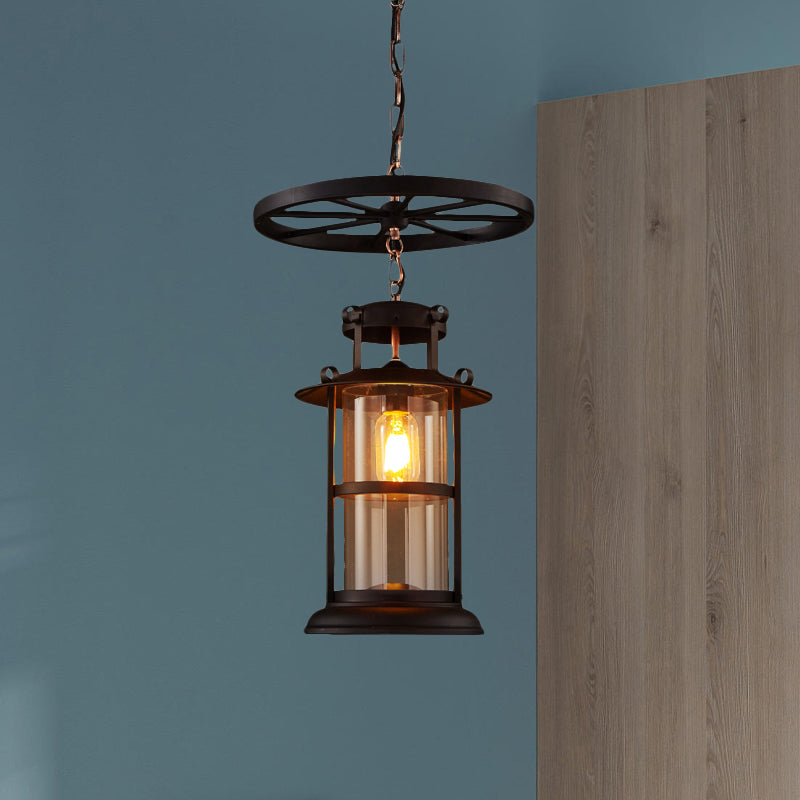 Farmhouse Single-Light Pendant Ceiling Light With Clear Glass Cylinder And Iron Wheel- Black Finish