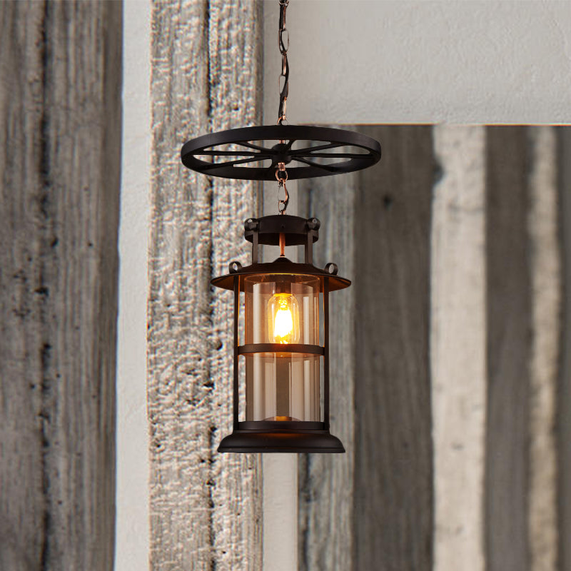 Farmhouse Black Single Light Pendant Ceiling Light with Clear Glass Cylinder and Iron Wheel Fixture