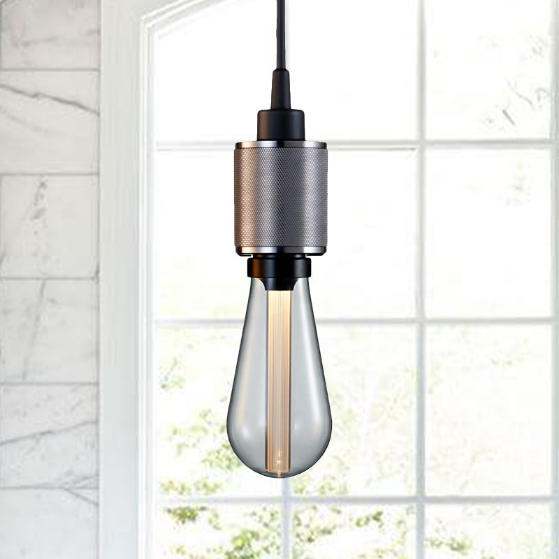 Retro Industrial Pendant Lighting - Metallic Open Bulb 1-Light Lamp in Black/Silver for Restaurants