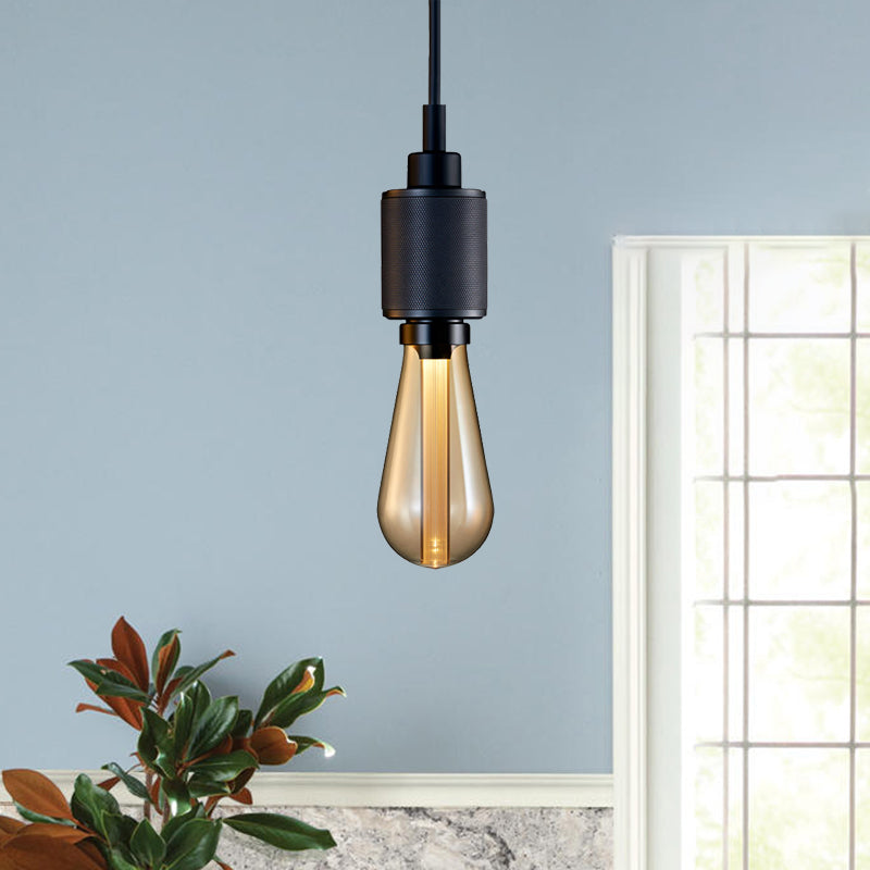 Retro Industrial Pendant Lighting - Metallic Open Bulb 1-Light Lamp in Black/Silver for Restaurants