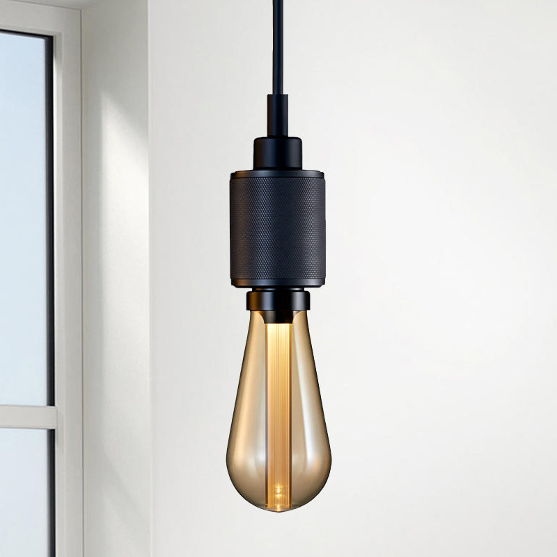 Retro Industrial Pendant Lighting - Metallic Open Bulb 1-Light Lamp in Black/Silver for Restaurants