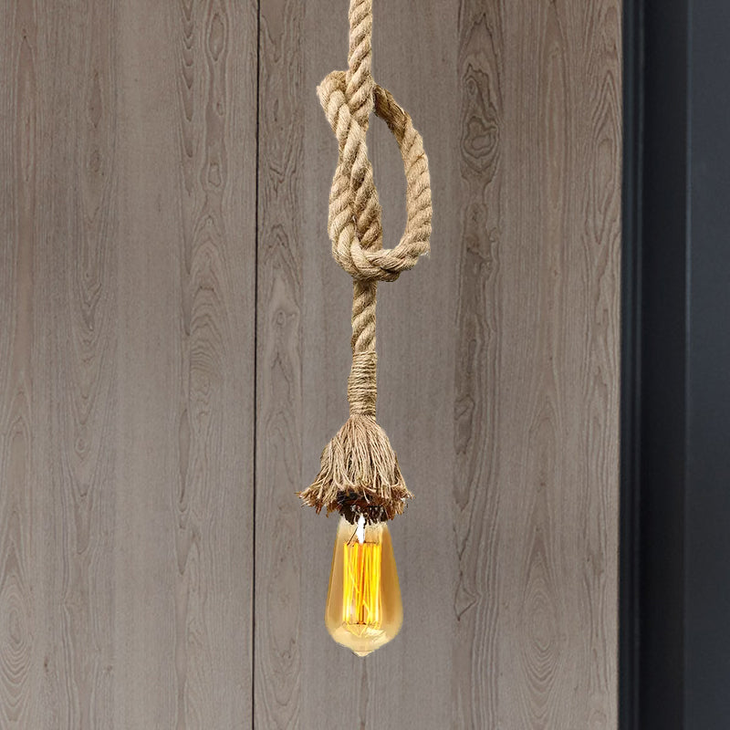 Minimalist Exposed Hanging Lamp: Adjustable Ceiling Light Fixture with Natural Rope, Beige Shade