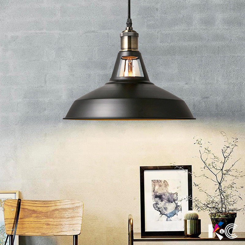 Industrial Metal Pendant Lamp: Barn-Style Shade, 1 Light, Black/White Ceiling Fixture with Hanging Rope