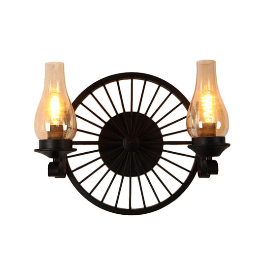 Rustic Outdoor Wall Sconce Lighting Fixture: Clear Glass Vase Shade 2-Bulb Design With Wheel