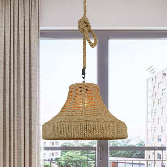 Vintage Industrial Pendant Light - Rope Flared/Bowl Cage Shade 1 Head Beige Restaurant Hanging Lamp