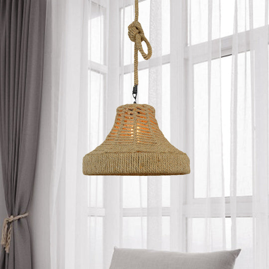 Vintage Industrial Pendant Light - Rope Flared/Bowl Cage Shade 1 Head Beige Restaurant Hanging Lamp