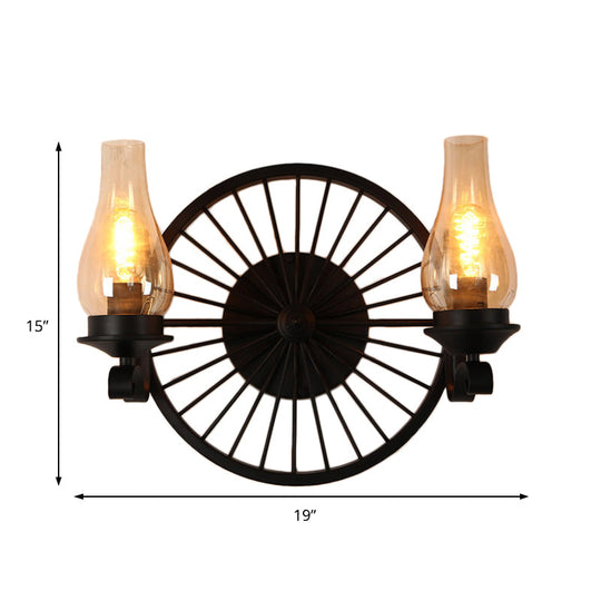 Rustic Outdoor Wall Sconce Lighting Fixture: Clear Glass Vase Shade 2-Bulb Design With Wheel