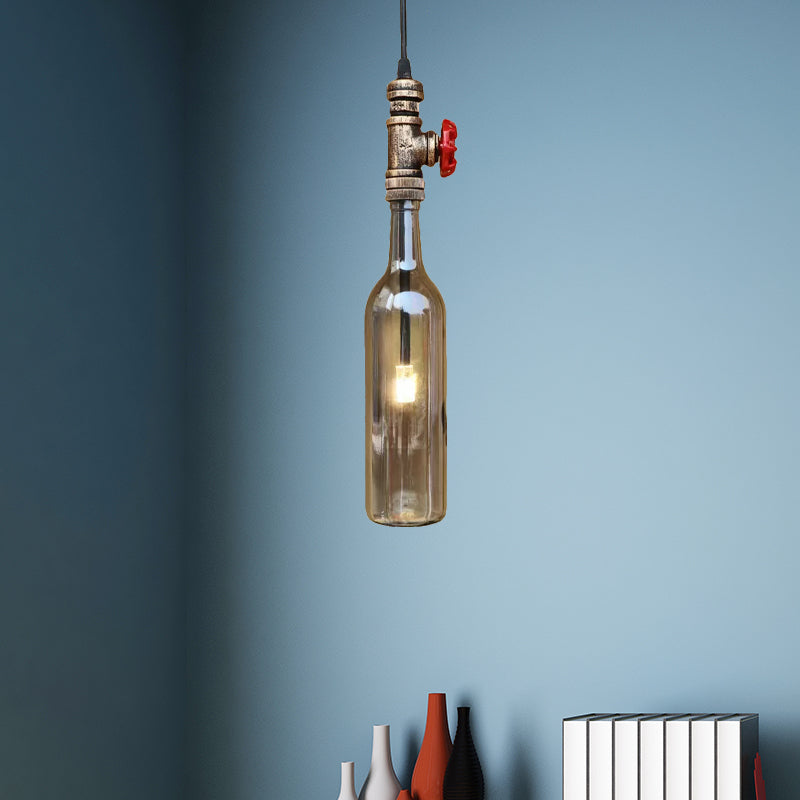 Antique Glass Water Pipe Pendant Light with Bottle Shade and Valve for Restaurant Ceiling Fixture - 1 Light Blue/Amber