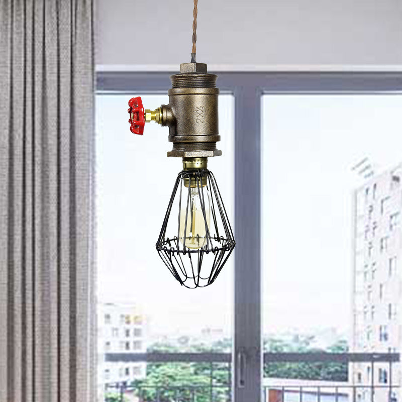 1-Bulb Industrial Wire Pendant Lighting with Red Valve - Bronze Ceiling Fixture