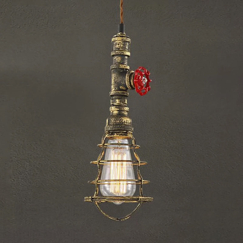 Farmhouse Style Metal Wire Cage Pendant Light With Valve Design - Black/Red Finish Indoor Hanging