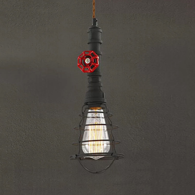 Farmhouse Style Metal Wire Cage Pendant Light with Valve Design in Black/Red Finish - Indoor Hanging Fixture [1-Light]