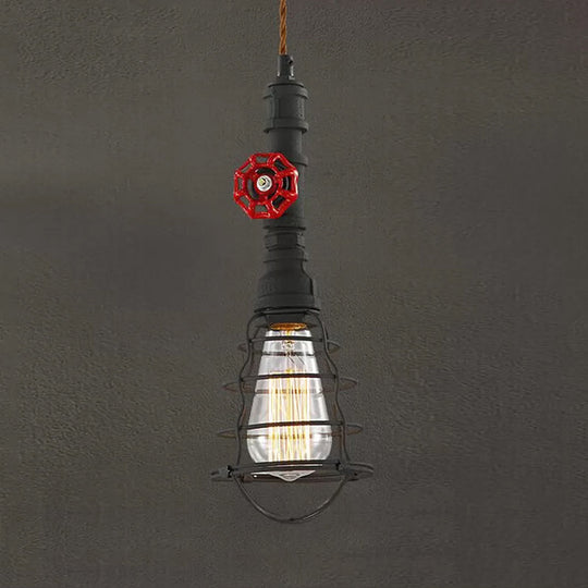 Farmhouse Style Metal Wire Cage Pendant Light With Valve Design - Black/Red Finish Indoor Hanging