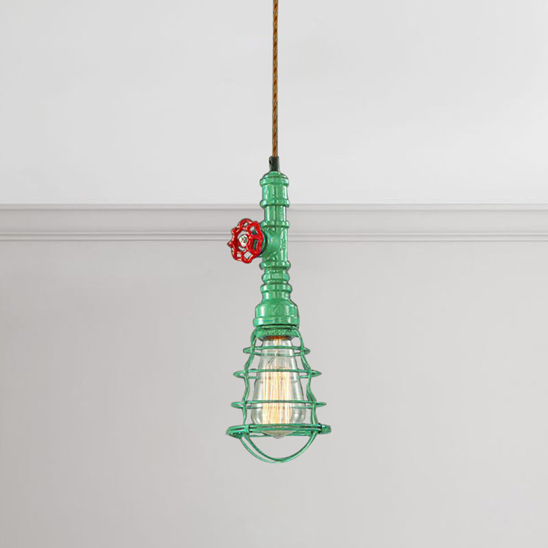 Farmhouse Style Metal Wire Cage Pendant Light with Valve Design in Black/Red Finish - Indoor Hanging Fixture [1-Light]