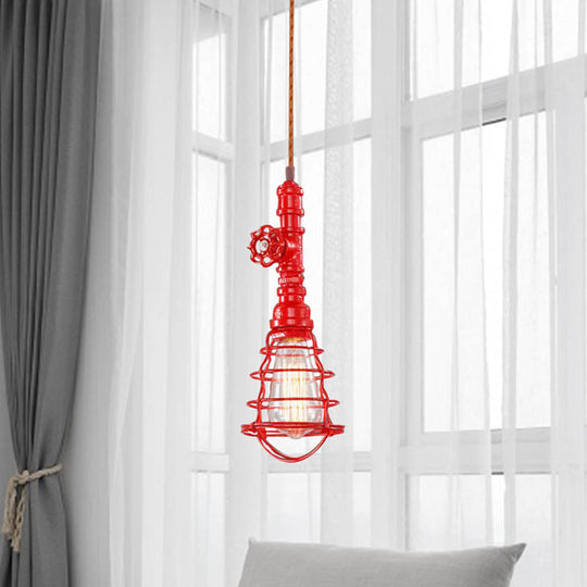 Farmhouse Style Metal Wire Cage Pendant Light with Valve Design in Black/Red Finish - Indoor Hanging Fixture [1-Light]