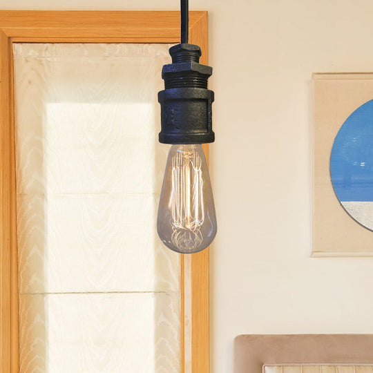 Industrial Metallic Pendant Light: Exposed Bulb Hallway Fixture With Black Ceiling And Water Pipe