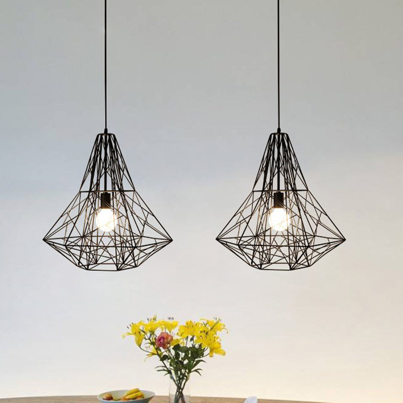 Metallic Industrial Cage Diamond Pendant Lighting - Black/White, 1 Head, for Dining Room - 16"/19.5" Dia