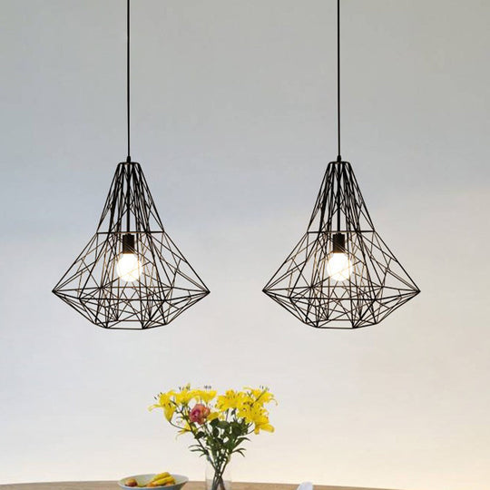 Metallic Industrial Cage Diamond Pendant Lighting - Black/White, 1 Head, for Dining Room - 16"/19.5" Dia