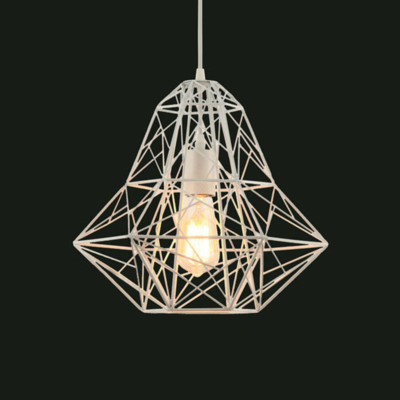 Metallic Industrial Cage Diamond Pendant Lighting - Black/White, 1 Head, for Dining Room - 16"/19.5" Dia