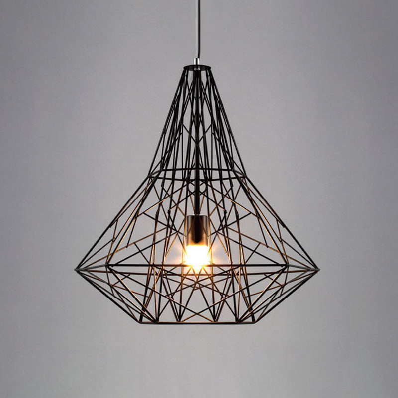 Metallic Industrial Cage Diamond Pendant Lighting - Black/White, 1 Head, for Dining Room - 16"/19.5" Dia