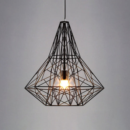 Metallic Industrial Cage Diamond Pendant Lighting - Black/White, 1 Head, for Dining Room - 16"/19.5" Dia