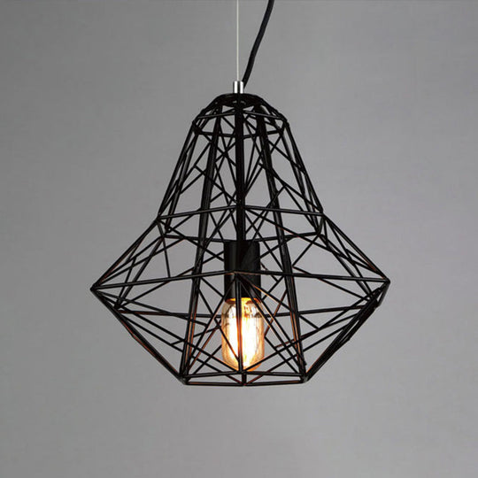 Metallic Industrial Cage Diamond Pendant Lighting - Black/White, 1 Head, for Dining Room - 16"/19.5" Dia