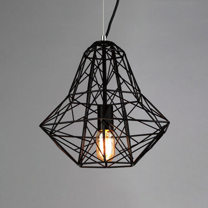 Cage Pendant Diamond Light - Industrial 1 Head Metallic Lamp In Black/White For Dining Room (16/19.5