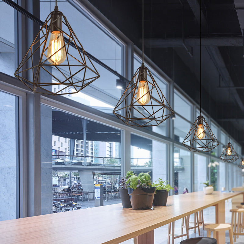 Black Open Cage Metallic Pendant Light for Retro Loft Dining Rooms