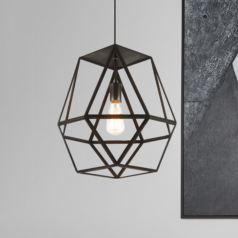 Industrial Polygon Pendant Light With Wire Guard And Black Metal Shade