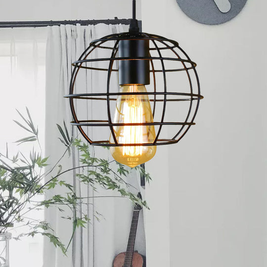 Farmhouse Style Metal Cage Pendant Light, 6"/7" Wide, 1 Head Balcony Ceiling Fixture in Black with Globe Shade